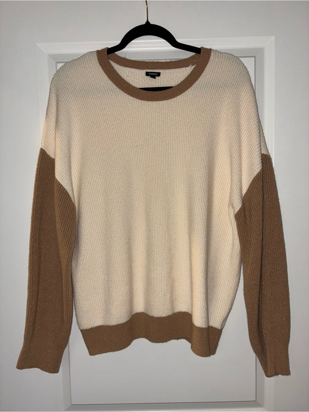 Express Two-Tone Crewneck Sweater in Cream and Brown